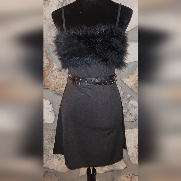 DOLLS KILL SUGAR THRILLZ Black Faux Fur Trim Dress with Studded Belt - Picture 1 of 3